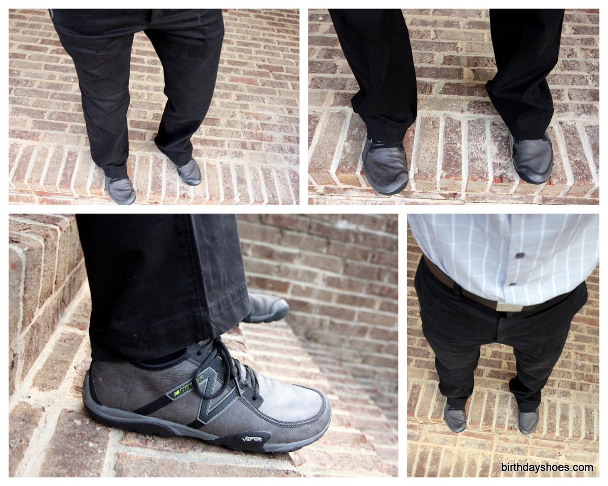 The leather New Balance Minimus MT10 Trails in grey paired with black chino pants (bootcut pants from Banana Republic).